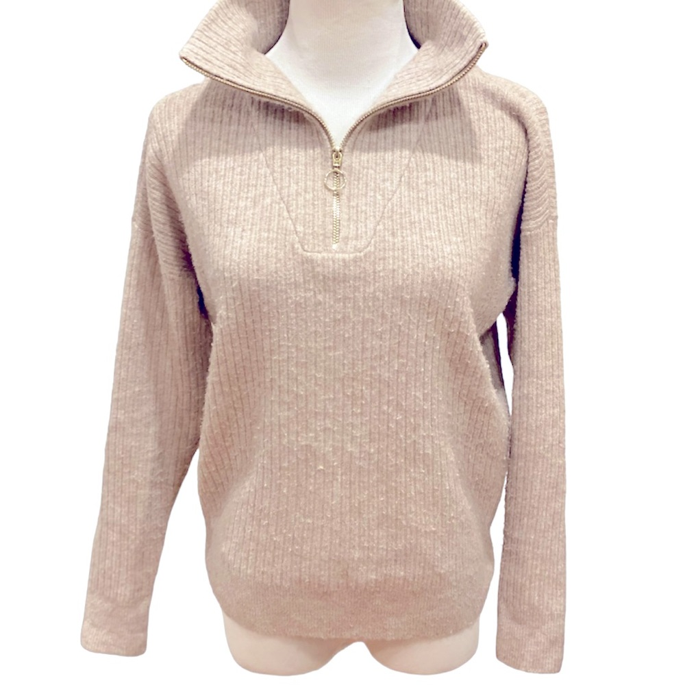 Loft Tan Oatmeal 1/4 Zip Ribbed Sweater Gold Cozy Relaxed Oversized Fit XXS